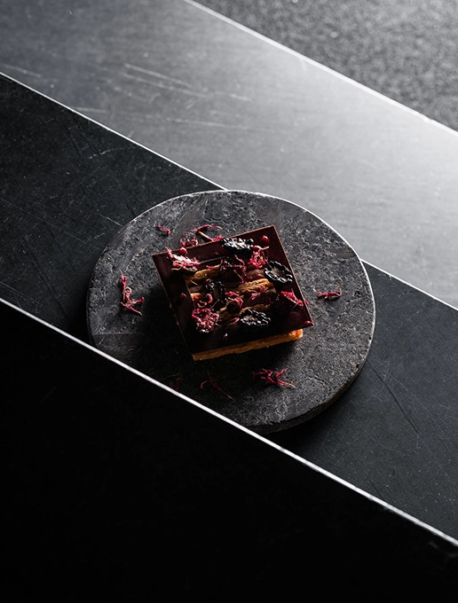 Gourmet chocolate dessert served for Valentine's Day at the Dans le Noir ? restaurant