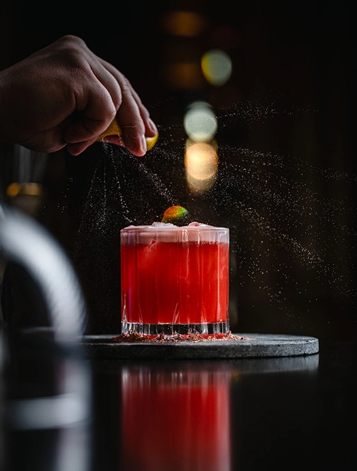 Pink cocktail served during a Valentine’s Day evening at the Dans le Noir ? restaurant