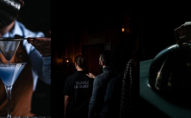 Montage de trois scènes immersives : un cocktail bleu filtré par un barman, un groupe de convives suivant un guide dans l'obscurité, et un plat sous une cloche argentée prêt à être dévoilé.